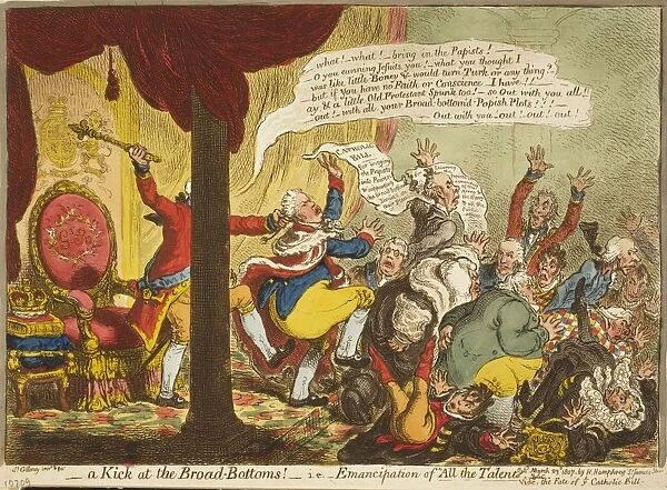 A Kick at the Broad-Bottoms George III kicking Lord Grenvilles bottom