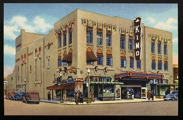 Kimo Indian Theatre. ca. 1938, Albuquerque, New Mexico, USA, A-3 KIMO, AMERICAs FOREMOST INDIAN THEATRE, ALBUQUERQUE, NEW MEXICO. The Kimo Theatre Building expresses architecturally, in its composite design, the traditions of New Mexico and the old Southwest. One of the few typically American Indian architectural expressions, with a suggestion of the Spanish in its contours, this unusual edifice, both inside and out, provides an atmosphere of historical romance unequalled elsewhere in America