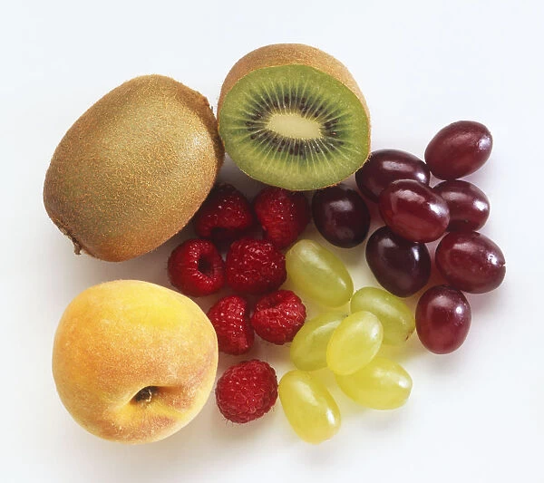 Kiwi Fruit, Raspberries, Peach and Grapes