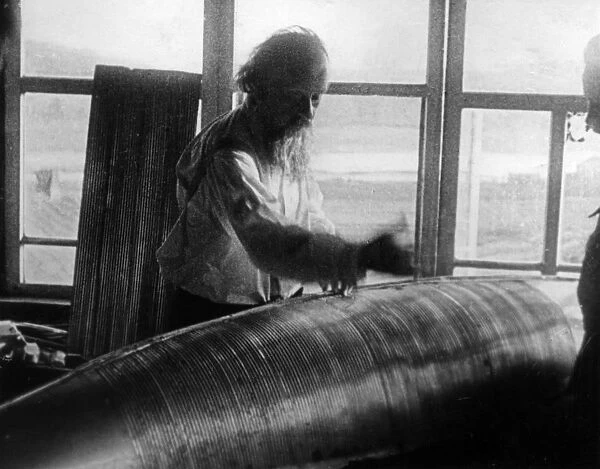 Konstantin tsiolkovsky, pioneer scientist in the field of rockets and space travel (cosmonautics), in his workshop in kaluga, russia