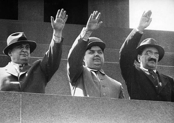 L, beria, g, malenkov, and a, mikoyan on the rostrum on lenins tomb during a may day demonstration in red square, moscow, ussr, may 1, 1949
