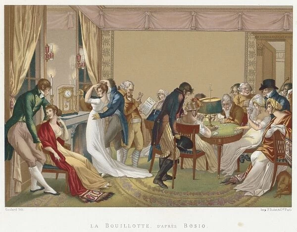 La Bouillotte, early 19th century. Scene of men and women in French Empire fashons