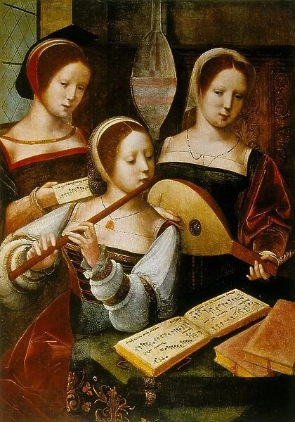 Lady Musicians : the two in front are playing flute and lute(ja). Anonymous 16th century