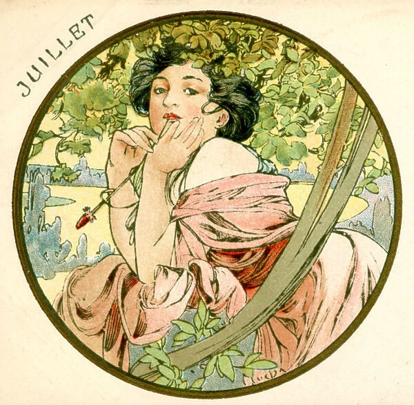 July. Lady in pink dress, hand on chin, flower in mouth