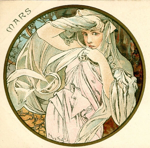 March. Lady in white dress with veil over head, Artist Alphonse Mucha, Art Nouveau