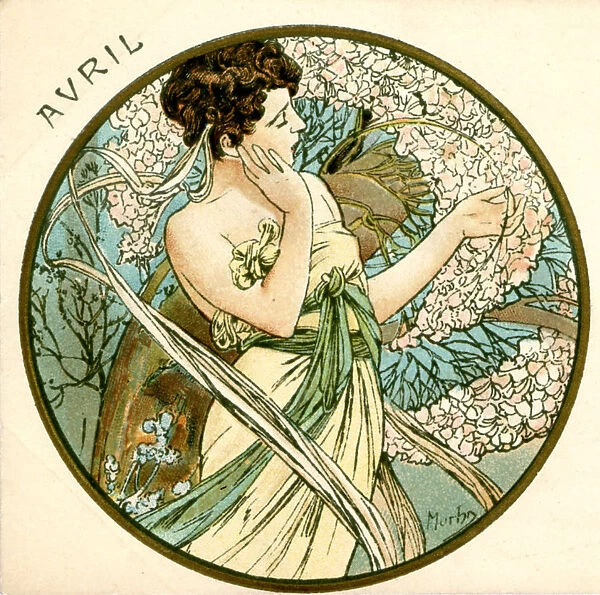 April. Lady in yellow strapless gown, Artist Alphonse Mucha, Art Nouveau