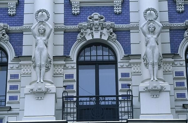 Latvia, Riga, Historic Centre, Art Nouveau building at 4, Strelnieku Iela, detail of architecture
