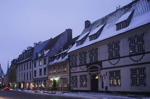 Latvia, Riga, Historic Centre, Skarnu Iela buildings, City at dusk