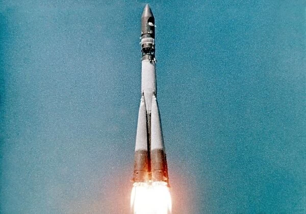 Launch of vostok 1 rocket carrying yuri gagarin, soon to be the first man in space, in 1961, this is a still from a soviet film about the space program