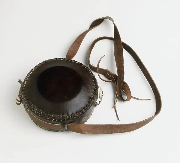 Leather-covered, metal water container, c. 1900