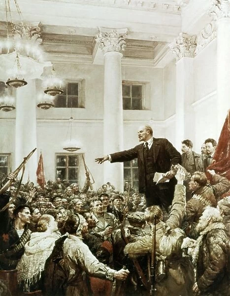 Lenin declaring soviet power by v, serov, this is the second version of this painting with stalin, sverdlov, and dzerzhinsky added