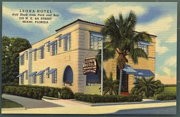 Leona Hotel. ca. 1949, Miami, Florida, USA, LEONA HOTEL Half Block from Park and Bay 218 N. E. 4th Street MIAMI, FLORIDA. New - Modern - Downtown Location - Most Convenient to Beaches, Churches, Theatres and Shops - Luxuriously Furnished Rooms, each with Private Bath and Radio - Beautiful Lobby - Large Porch - Parking Facilities - HAVES MANAGEMENT