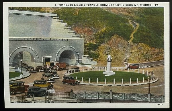 Liberty Tunnel and Traffic Circle. ca. 1932, Pittsburgh, Pennsylvania, USA, ENTRANCE TO LIBERTY TUNNELS SHOWING TRAFFIC CIRCLE, PITTSBURGH, PA