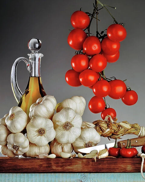 Still life, Food and wine, garlic, olive, chili pepper and Cherry tomatoes
