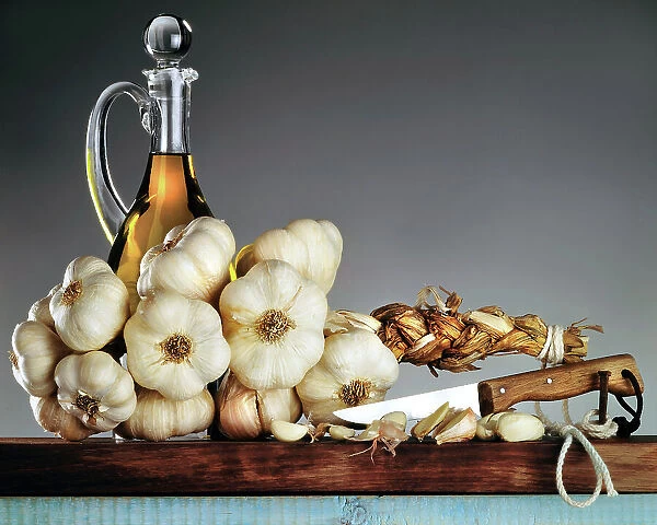 Still life, Food and wine, garlic and olive oil