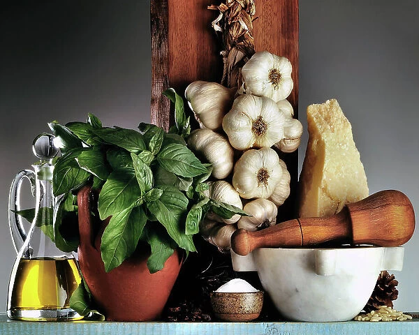 Still life, Food and wine, ingredients for pesto sauce