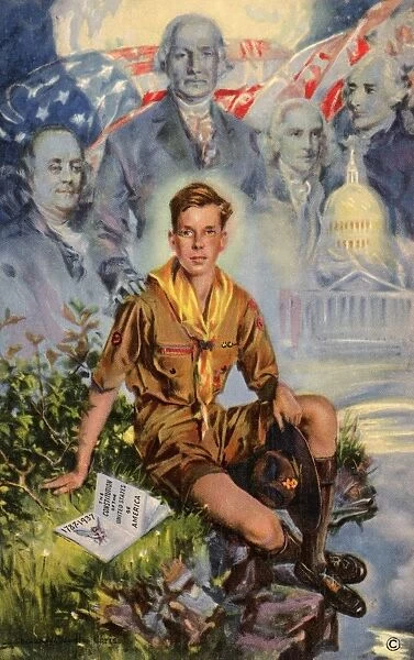 Lithograph of a Boy Scout with Americas Founding Fathers by Howard Chandler Christy. 1937, A color lithograph based on a painting by Howard Chandler Christy, designed for a 1937 Boy Scout Jamboree