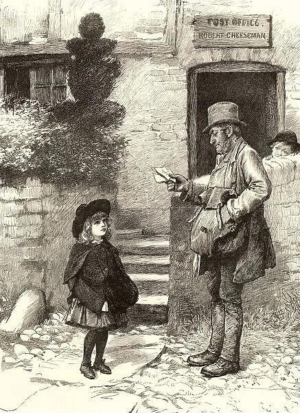 Little girl asking the village postman if there is a letterr for her. Engraving