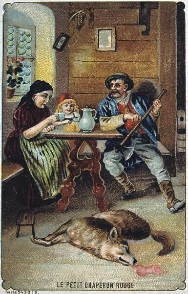 Little Red Riding Hood safe with her grandmother and the woodsman who has killed the wolf