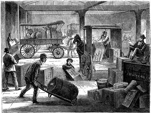 Loading up horse-drawn vans at the Wells Fargo general office, New York. From Harper s