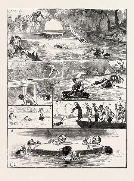 The London Swimming Club Contest At The Crystal Palace: 1. Swimming Heats. 2. Tub Race. 3. Pole Walking. 4. Best Means Of Saving Life. 5. Swimming In Clothes. 6. Tea Drinking