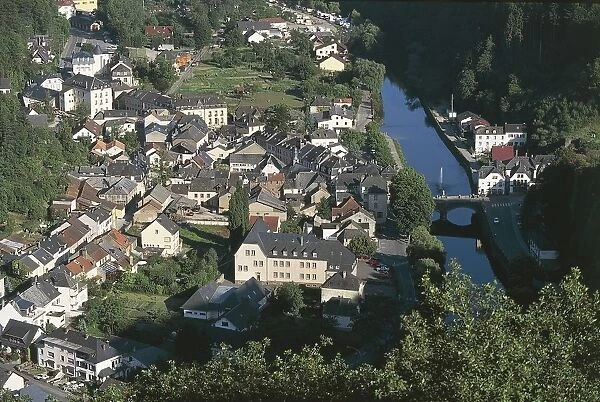 Luxembourg, Oesling, Aerial view of Vianden and river Our