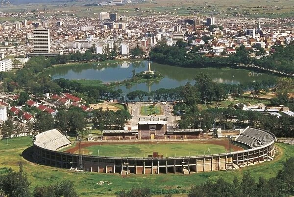 Madagascar, Aerial view of Antananarivo Stadium and Lake Anosy with war memorial