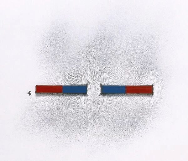 Two magnets showing weakening of two adjoining poles creating neutral space between them and lines of force curving away from this spot