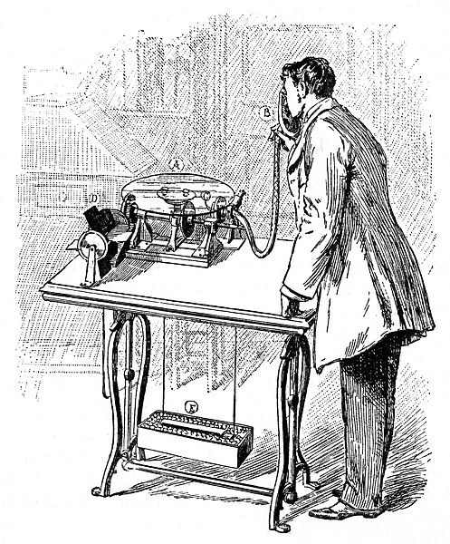 Making recording on Emile Berliners Gramophone (1887). Speaking into tube produced