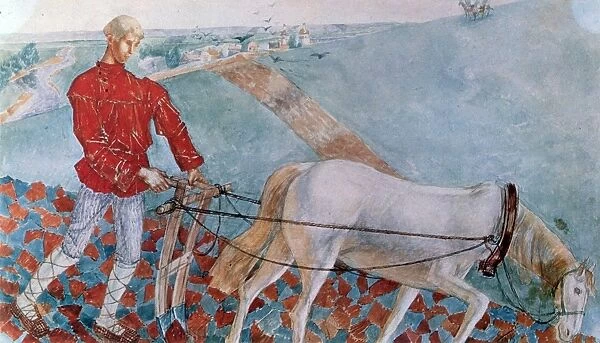 Man ploughing with a white horse. Watercolour on paper. Kuzma Petrov-Vodkin (1878-1939)