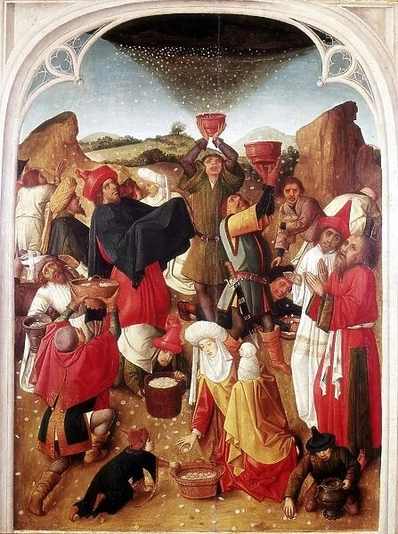 Manna. Israelites in the wilderness receiving manna from heaven. Dutch School