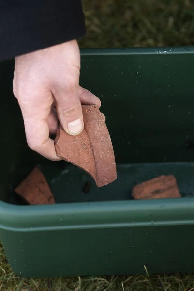 Mans hand placing broken clay pieces on bottom of green plastic trough, close-up