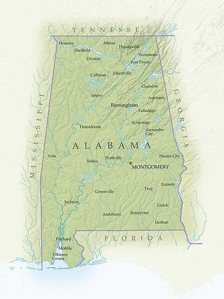 Map of Alabama, close-up