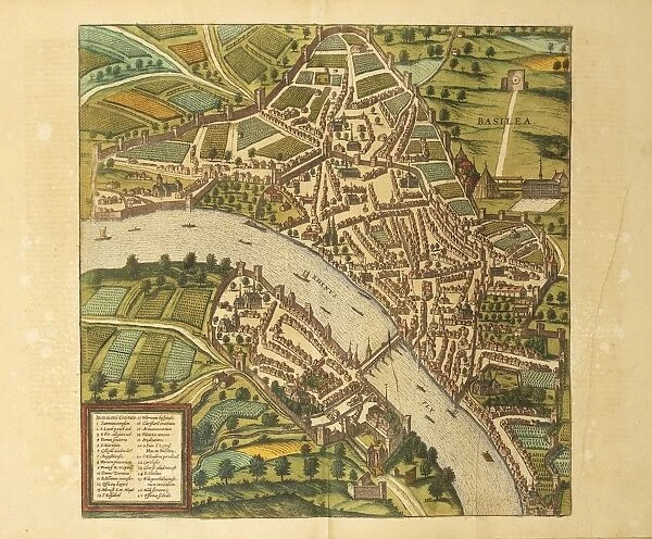 Map of Basel, Switzerland, from Civitates Orbis Terrarum by Georg Braun, 1541-1622 and Franz Hogenberg, 1540-1590, engraving