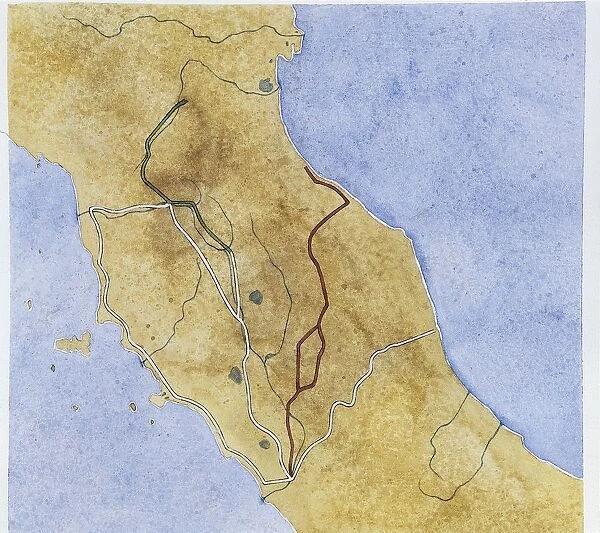Map of central Italy depicting two Roman roads: Via Flaminia (220 BC) and Via Flaminia Minor (187 BC), drawing