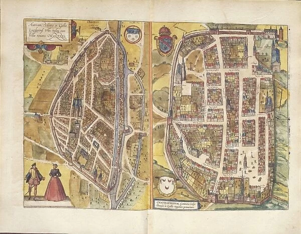 Map of Chateaudun and Chartres, France, from Civitates Orbis Terrarum by Georg Braun, 1541-1622 and Franz Hogenberg, 1540-1590, engraving