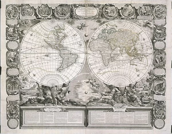 A map of the Earth divided into two hemispheres by Jean-Baptiste Nolin, colored copperplate, printed in Paris, 1700