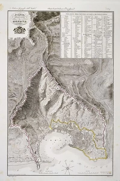 Map of Genoa by Attilio Zuccagni-Orlandini, taken from the Geographic Atlas of Italian States, Florence, engraving on Copper. 1836-1845
