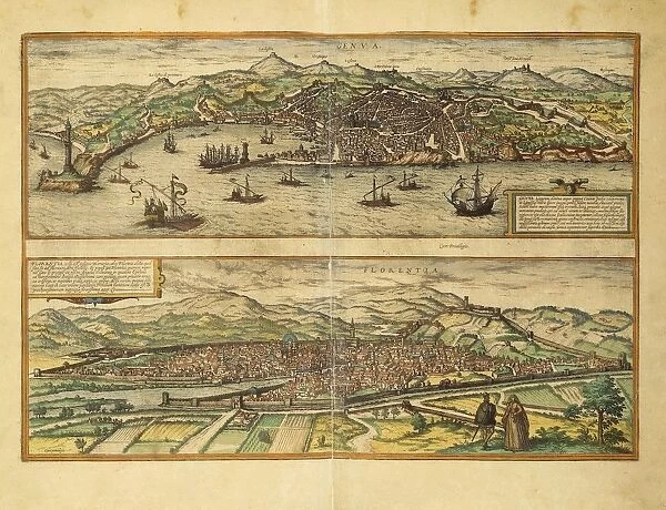 Map of Genoa and Florence from Civitates Orbis Terrarum by Georg Braun, 1541-1622 and Franz Hogenberg, 1540-1590, engraving