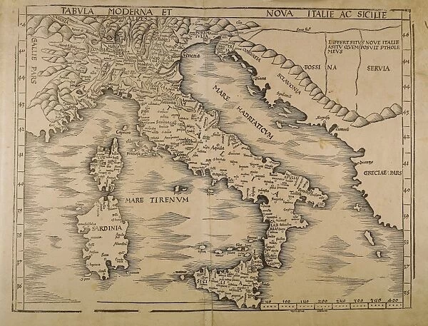 Map of Italy, From Geographiae Opus Novissima by Martin Waldseemueller, Woodcut, 1513