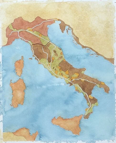 Map of Italy illustrates territorial subdivisions at outbreak of Social War, 91 BC, drawing