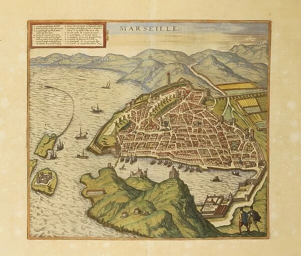 Map of Marseille from Civitates Orbis Terrarum by Georg Braun, 1541-1622 and Franz Hogenberg, 1540-1590, engraving