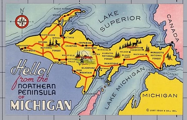 Map of Michigans Northern Peninsula. ca. 1940, Michigan, USA, Map of Michigans Northern Peninsula