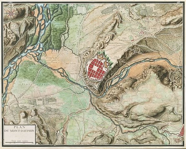 Map of Mont-Dauphin, from, Cartes des environs de Plusieurs places, watercolor drawing, circa 1700