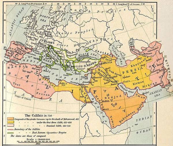 Map of the Muslim expansion and the Byzantine Empire at the end of the Umayyad Caliphate, in 750