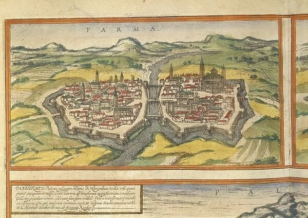 Map of Parma from Civitates Orbis Terrarum by Georg Braun, 1541-1622 and Franz Hogenberg, 1540-1590, engraving