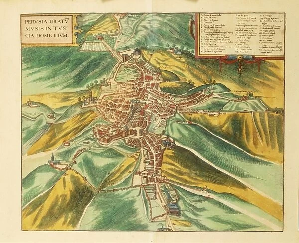 Map of Perugia from Civitates Orbis Terrarum by Georg Braun, 1541-1622 and Franz Hogenberg, 1540-1590, engraving