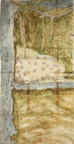 Map of Santo Domingo city showing the citys defensive wall, watercolor, 1619
