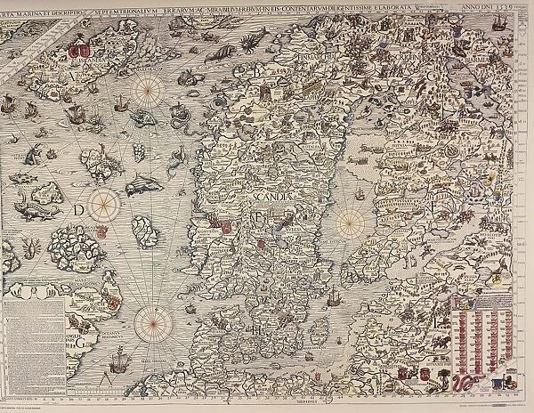 Map of Scandinavia, from Carta Marina, Sea Map by Olaus Magnus, 1539