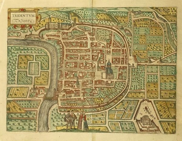 Map of Trento from Civitates Orbis Terrarum by Georg Braun, 1541-1622 and Franz Hogenberg, 1540-1590, engraving